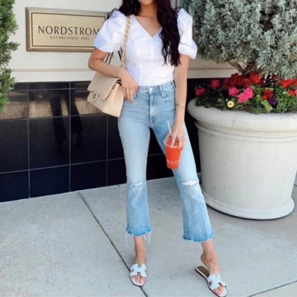 MOTHER Hustler Ankle Chew Cropped Flare Denim Jean Drinking By The Pool Size 29